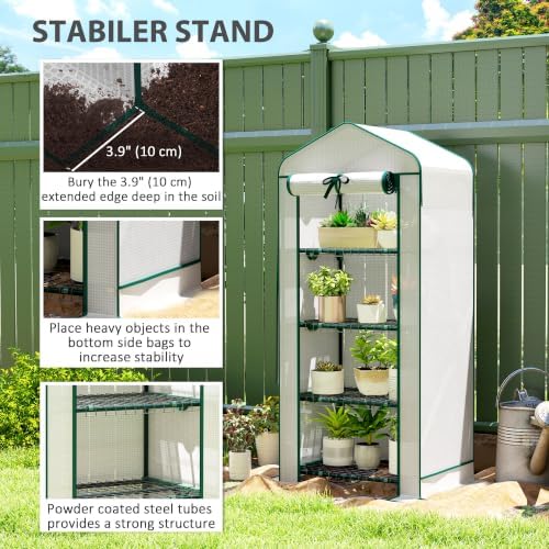 outsunny 4 tier mini greenhouse w/ screen roof, front angle view