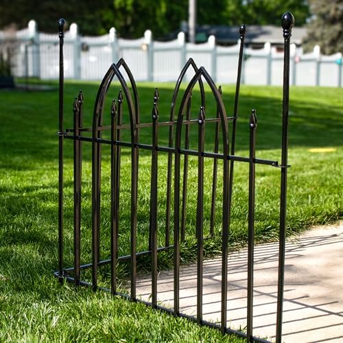 sunnydaze gothic arch decorative garden fence panels, black, front angle view