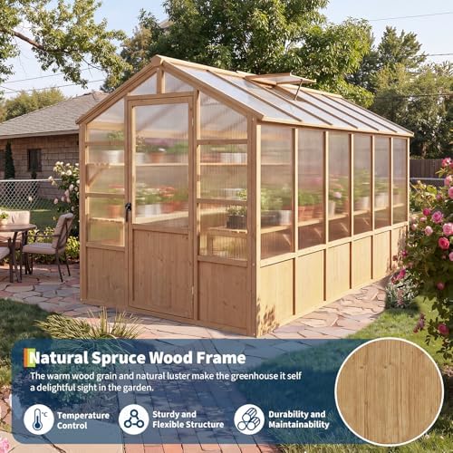 heavy duty walk-in wooden greenhouse kit, 4mm polycarbonate, close-up detail