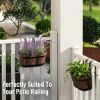 hanging flower pots with drainage holes, wooden railing showing dimensions