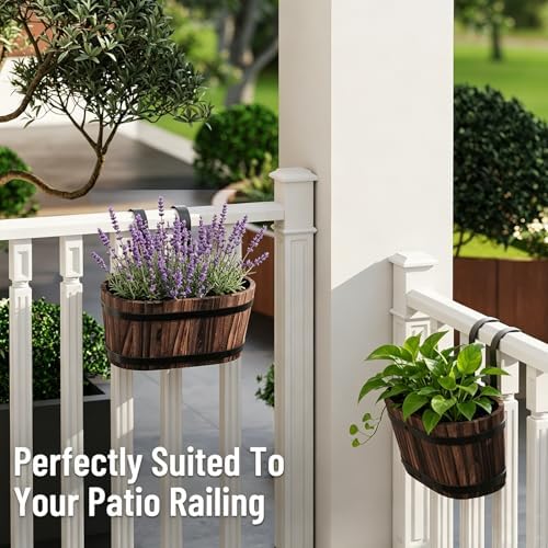 hanging flower pots with drainage holes, wooden railing showing dimensions