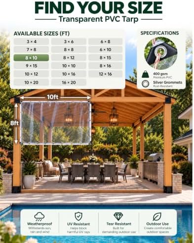 foundgo heavy duty clear vinyl tarp 8x10 ft showing dimensions