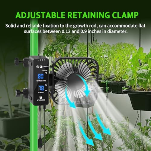 4" grow tent clip fan, 4-speed airflow, 90° shown in use
