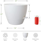 12inch Self Watering Pots, Plastic Planters with Mesh Drainage Holes and Deep Reservoir for Indoor Outdoor Garden Plants and Flowers, White