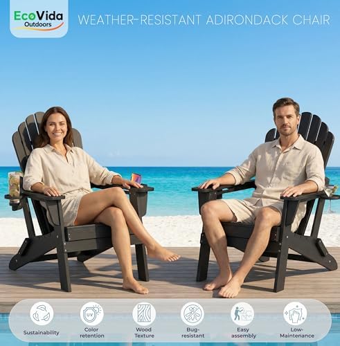HDPE Folding Adirondack Chair with Dual Cup Holders, Black | Ergonomic High Back HDPE Fire Pit Chair, 380lbs Capacity All-Weather Outdoor Patio Lounge Chair for Garden, Deck, Yard