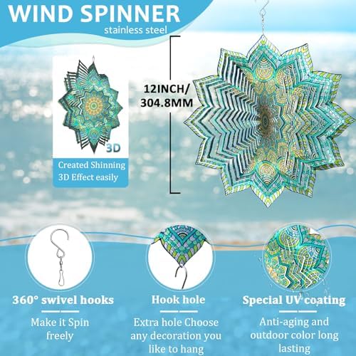Wind Spinner Mandala Peacock Flower,12In Stainless Steel Wind Spinners Outdoor,3D Yard Art Decorations,Hanging Kinetic Sculptures,Garden Decor,Gifts for Women,Mother,Men,Father,Holidays