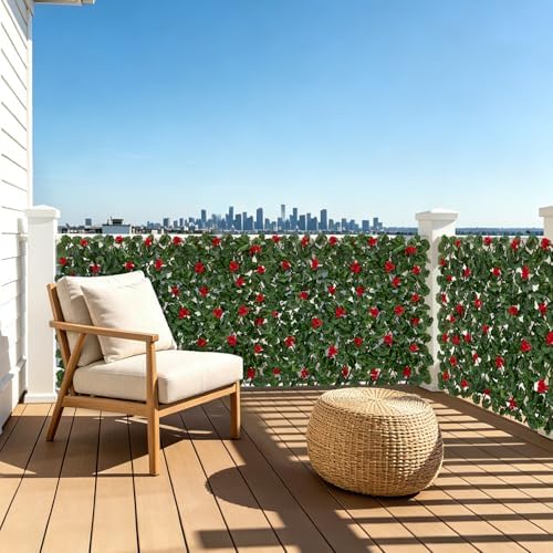 expandable fence privacy screen with artificial flower, greenery, front angle view