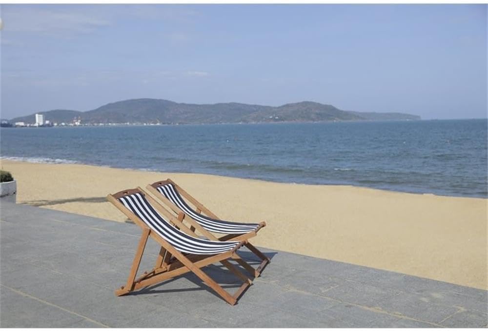 SAFAVIEH Outdoor - Loren Folding Sling Chair Set of 2 - Natural & Navy Stripe - Solid Wood Frame - Portable Bistro Design - Ideal for Patio, Poolside, Backyard, 24" W x 43" D x 25" H (PAT7040A-SET2)