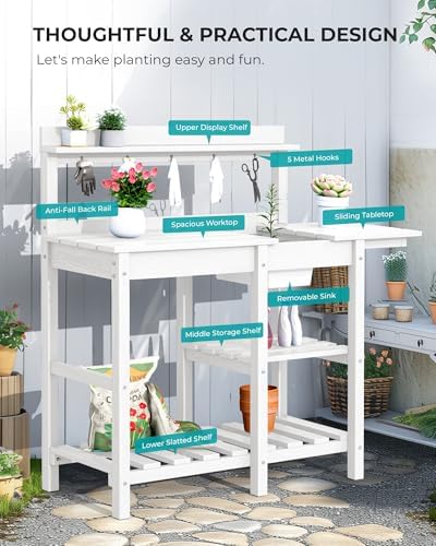 serwall outdoor potting bench with removable sink,gardening table,white, front angle view
