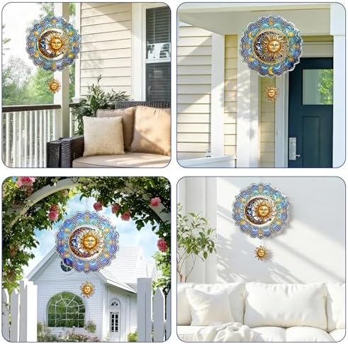 Sun and Moon Wind Spinners Outdoor Hanging - 12 inch Sun Outdoor Metal Decor Birthday Gifts for Women Mom Grandma,3D Wind Sculptures Art for Yard and Garden Patio Lawn Balcony Porch Decorations