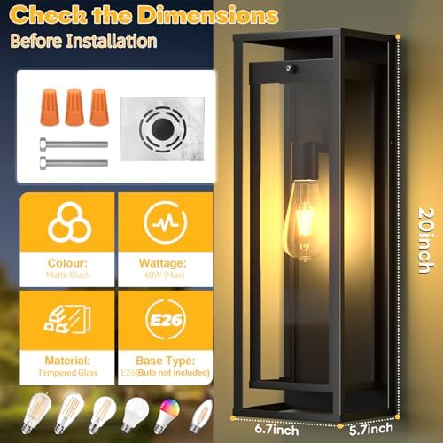 20in Large Outdoor Wall Light Dusk to Dawn Sconce Exterior Lighting Fixture | Waterproof, Black Modern Metal, Anti-Rust, E26 Socket, Outside Porch Lights, Lantern for Entryway Patio, House Garage, 2 Pack