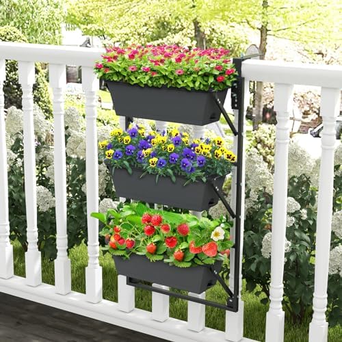 giantex 3-tier vertical railing planter, adjustable hanging planter shown in use