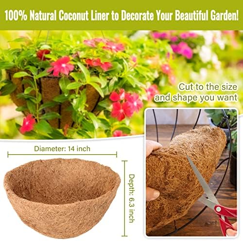 6 Pack 14 Inch Hanging Basket Coco Liners Replacement, Round | 100% Natural Coconut Liners for Planters, Breathable Coconut Fiber Planter Liners for Indoor Outdoor Plants, Flowers, Herbs