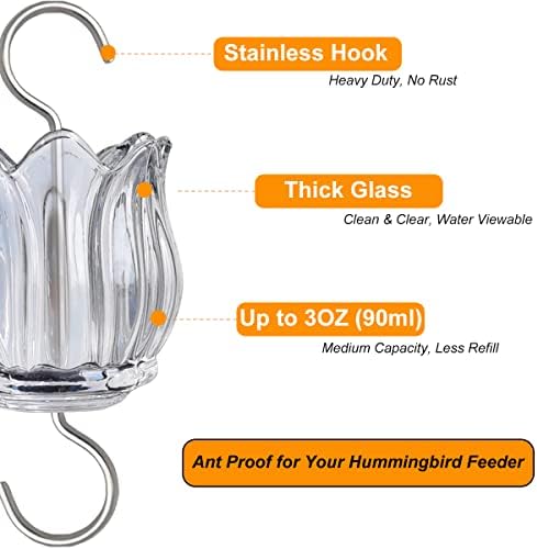 3oz Glass Ant Moat for Hummingbird Feeder, Clear Tulip Insect Guard | Stainless Hooks, Floral Buffer, Nectar Protector, Water Barrier Blocking Bugs, 3 Ounce/90ml Capacity