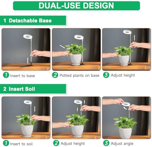 Aokrean Grow Lights for Indoor Plants, 3.5in Full Spectrum with Base 2 Pack | 48LEDs Halo Plant Light for Small Plants, Base/Soil Insert, 6.5-26in Adjustable, 3 Spectra, 3/9/12H Timer, 10 Brightness