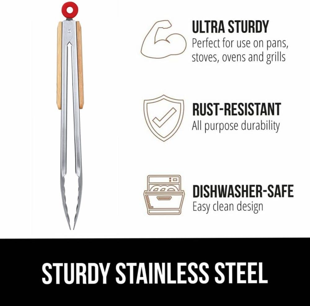 Stainless Steel Kitchen Tongs Set of 2-9" and 12",Locking Metal Food Tongs with Acacia Wood Grips,Barbecue Tongs for Pans and BBQ
