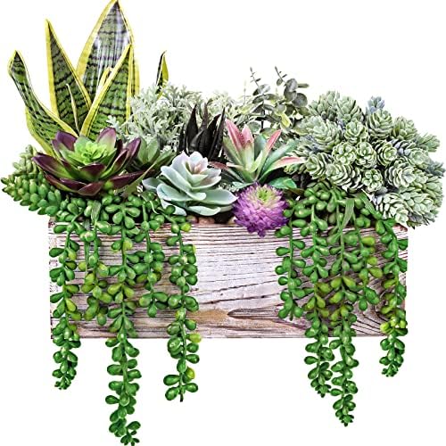assorted artificial succulents fake plants in rectangular wooden, close-up detail