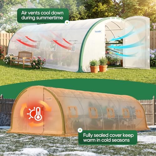 quictent 25x10x6.6ft tunnel greenhouse for outdoors with 2, front angle view
