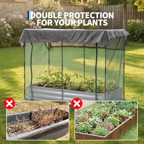 galvanized raised garden bed with dual protection cage, side view