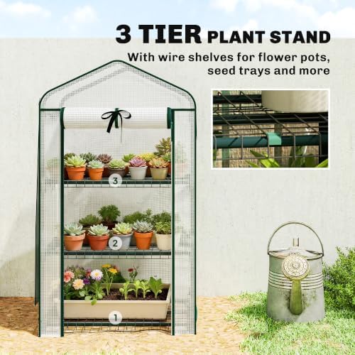 outsunny 3 tier mini greenhouse w/ screen roof showing dimensions