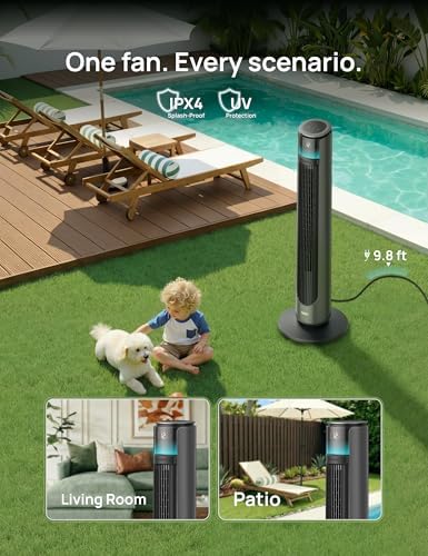 dreo smart tower fan for indoor & outdoor showing dimensions