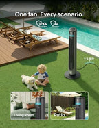 dreo smart tower fan for indoor & outdoor showing dimensions