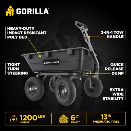 gorilla carts poly dump cart, 1200 lb. capacity shown in use