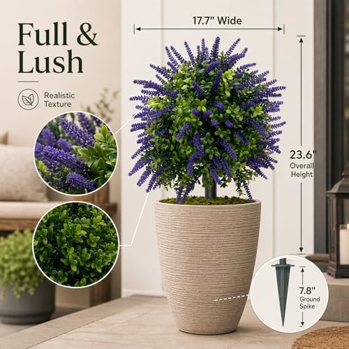 artificial lavender topiary set of 2, faux bushes, close-up detail