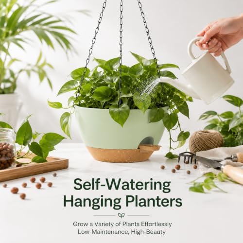12 inch self‑watering hanging planters plant pots, green‑brown, side view