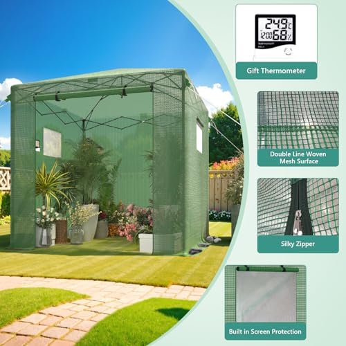 8x6 ft walk‑in green house for outdoors, pop‑up, close-up detail