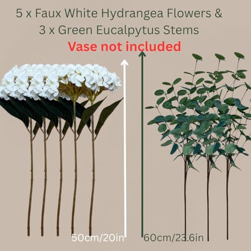 real touch white faux hydrangea and eucalyptus, floral showing dimensions