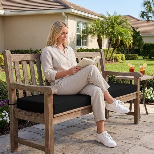 summsun outdoor bench cushion pad, 48 x 18 shown in use