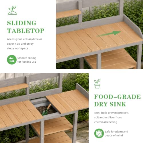 wooden potting bench table with sink,outdoor garden table showing dimensions