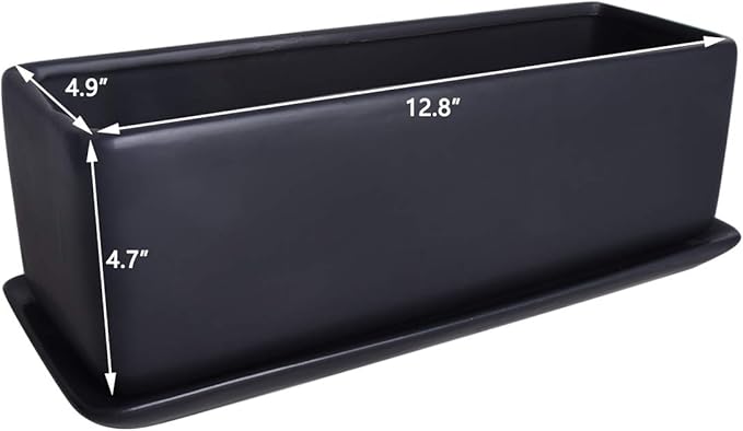 Vencer 12 Inch Rectangular Modern Minimalist Ceramic Succulent Planter Pot - Window Box with Saucer,Office Desktop Potted Stand,Black,VF-0135B
