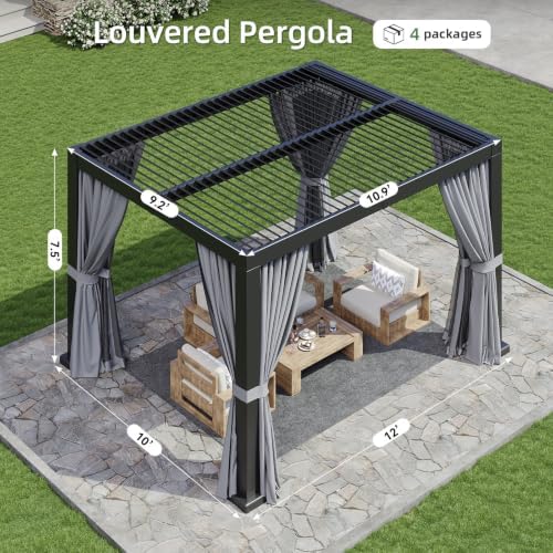 aoxun louvered pergola 10x12 all-aluminum, waterproof curtains and, view 9
