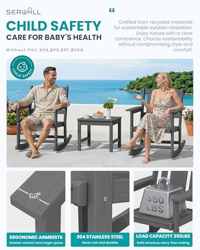 SERWALL 3-Piece Patio Furniture Set with 2 Rocking Chairs & Table, Grey | All-Weather HDPE Bistro Set: Includes rocking chairs and table with umbrella hole for cozy outdoor leisure and relaxation.