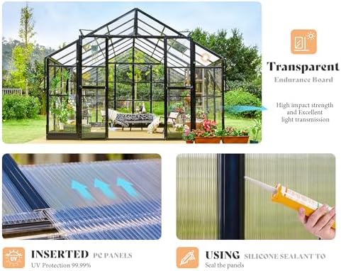 amerlife 12x13.5x9ft hybrid polycarbonate greenhouse quick-connect assembly showing dimensions