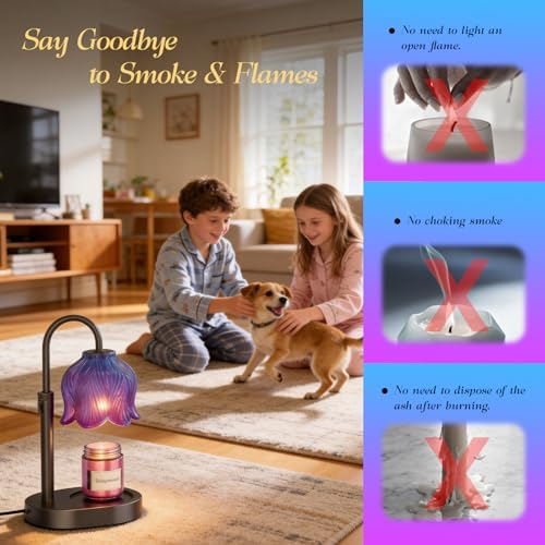 Flower Candle Warmer Lamp, Timer & 4-Level Dimmer, Adjustable Height | Flameless Electric Wax Warmer for Jar Candles, Includes 2 Bulbs, Wooden Base,Blue, Gift for Mom & Women, Housewarming