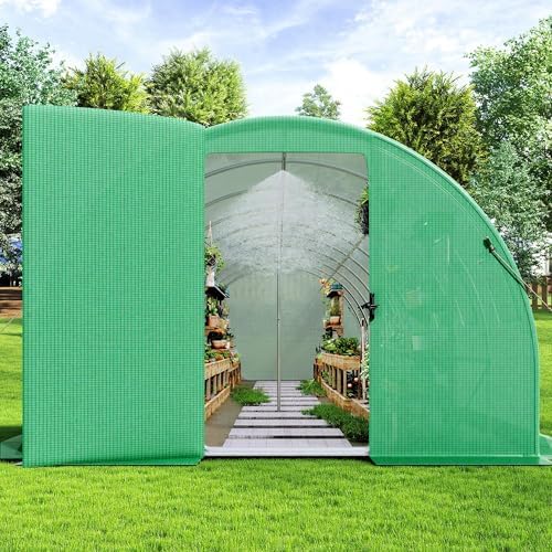 amerlife 30x10 ft tunnel greenhouse with built-in sprinkler, front angle view