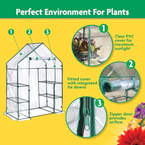 miracle-gro walk-in greenhouse, removable shelves, clear, 4'8"x29"x6'5 showing dimensions