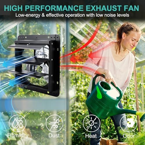 12 inch shutter exhaust fan for greenhouse, shed, close-up detail