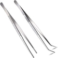 2 Pcs 12 Inch Long Handle Stainless Steel Straight and Curved Tweezers Nippers, Set with Serrated Tips Comfortable Ridged Handle for Garden, Kitchen, Indoors and Outdoors