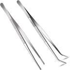 2 Pcs 12 Inch Long Handle Stainless Steel Straight and Curved Tweezers Nippers, Set with Serrated Tips Comfortable Ridged Handle for Garden, Kitchen, Indoors and Outdoors
