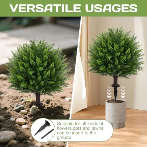 set of 2 artificial cedar topiary ball tree,23", side view
