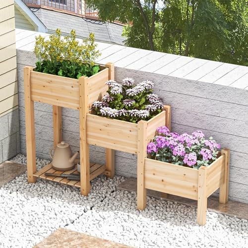costway raised garden bed, 3-tier wooden elevated planter shown in use