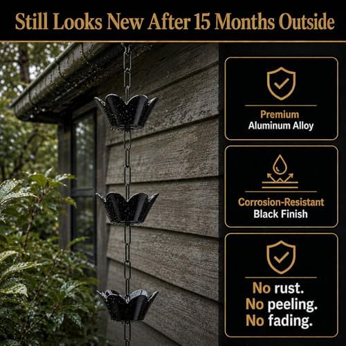 10ft rain chain for gutters, black aluminum daffodil, side view