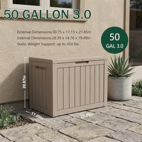 outdoor storage box, 50 gallon waterproof deck box shown in use