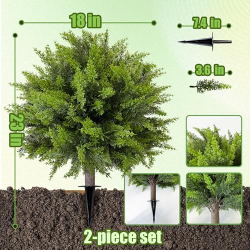 artificial cedar topiary ball tree with ground spike: shown in use