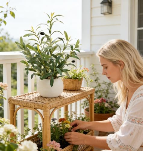 17" artificial olive plant white ceramic planter indoor, view 9