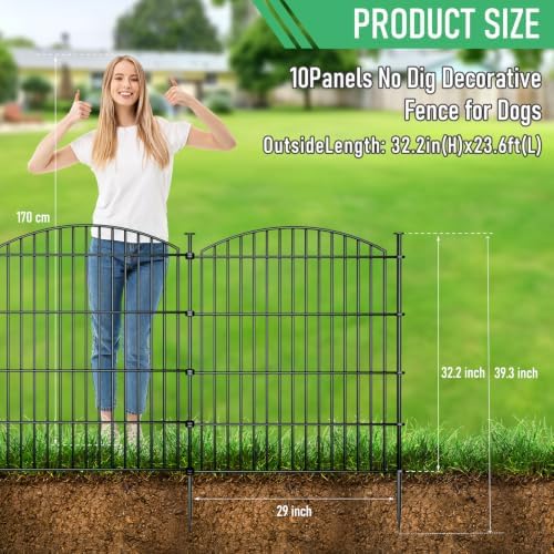 10‑panel no‑dig metal garden fence 32"h x 23.6'l shown in use
